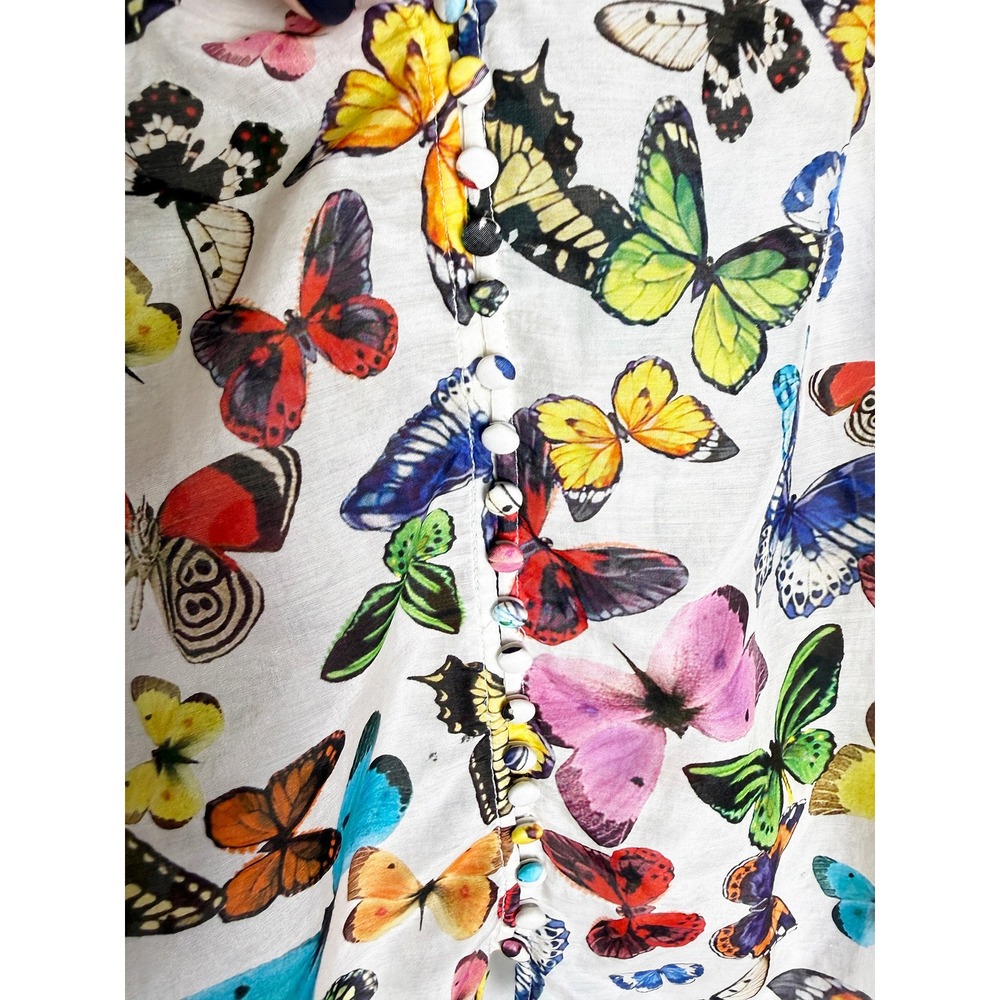 Alice + Olivia Women's Ilan Smocked Sleeve Button Front Blouse Butterfly High - Picture 6 of 11
